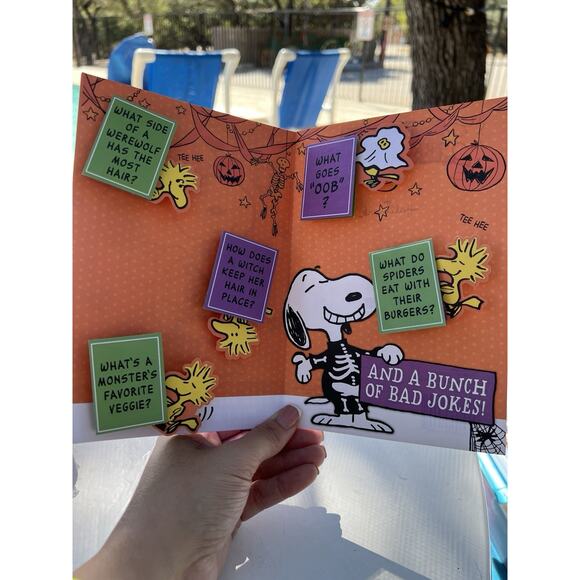 Hallmark Peanuts Snoopy Halloween Card Jokes Skeleton Woodstock Love NEW - Picture 2 of 4